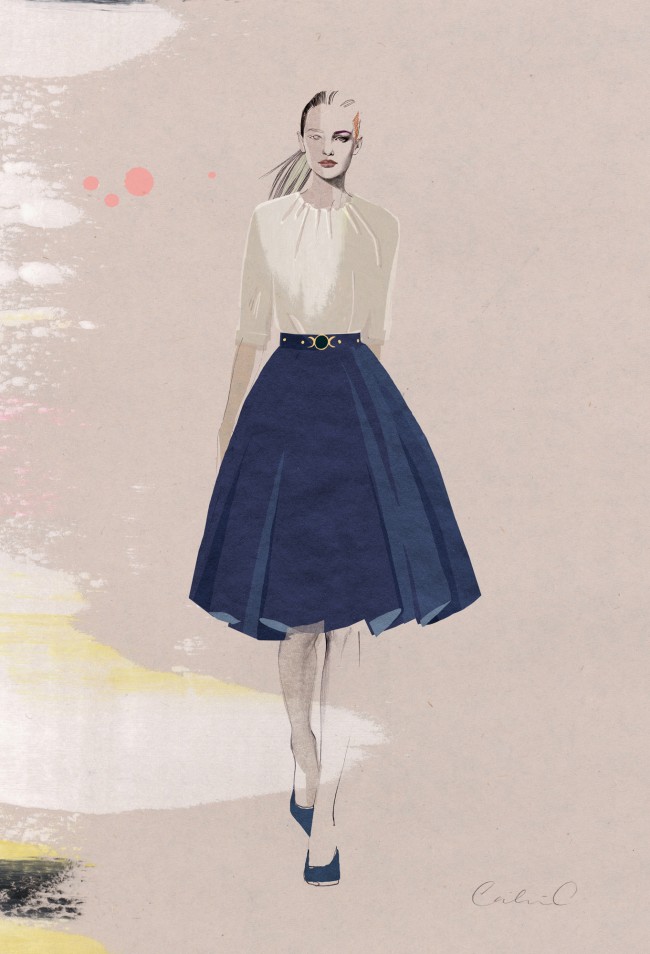 Shirred Neck Blouse and Pleated Skirt_Illustration by Cecilia Carlstedt_Exp Aug 2014