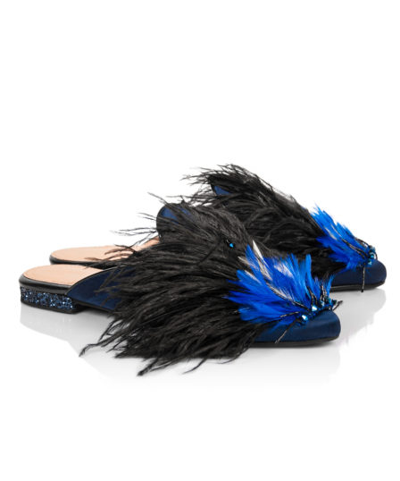 Chatelles x Elisabeth Thurn und Taxis Haute Couture Capsule Blue Satin Mules with Thin Ostrich Feathers & Pearls www.mychatelles.com 2