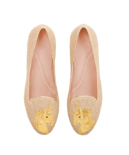 Chatelles x Elisabeth Thurn und Taxis Haute Couture Capsule Sand Raffia Slippers with a Hand-Embroidered Gold Thread Unicorn www.mychatelles.com 1