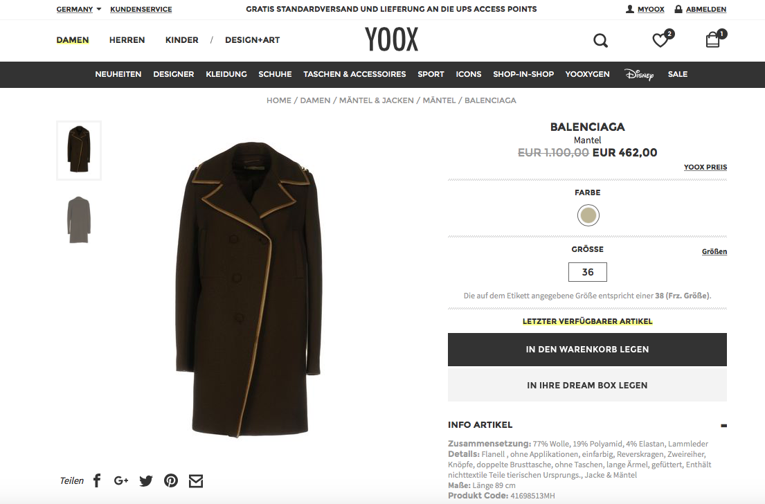 Screenshot coat Mantel Givenchy Balenciaga Yoox