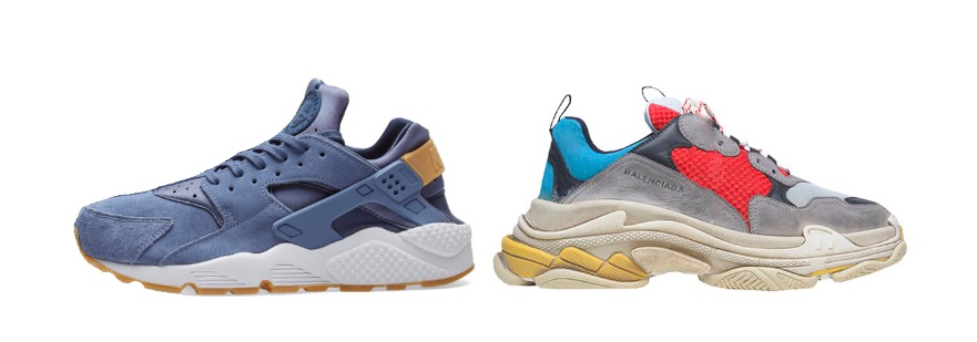 Nike Air Huarache (links), Balenciaga Triple S (rechts)