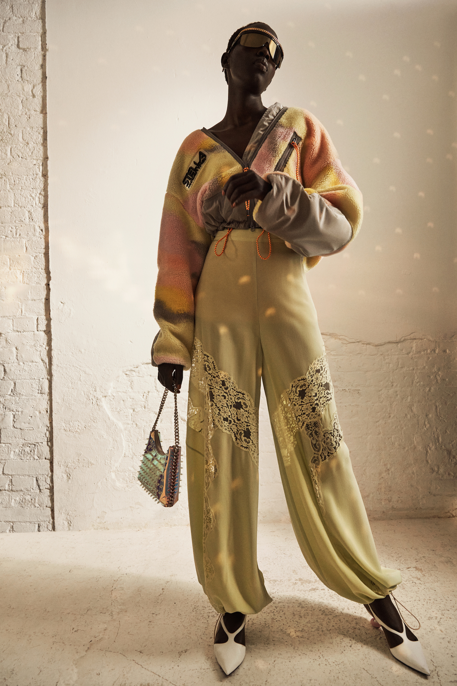 Stella McCartney silk fashion pilot pants with yellow lace